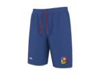 Blaue Shorts mit rotem Kordelzug und Logos auf beiden Beinen.