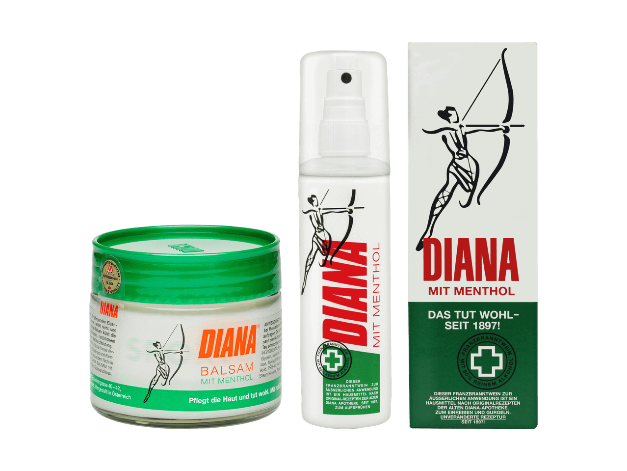 Drei Diana-Produkte mit Menthol: ein Balsam, ein Spray und eine Verpackung.