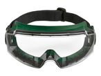 Green and black safety glasses with an adjustable headband.