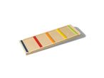 Wooden game board with colorful dividers in blue, red, orange, yellow, and green.