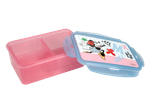 Pink lunchbox with compartments and a blue lid featuring a cartoon character design.