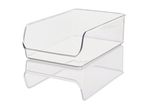 Clear plastic storage bin with an open front, ideal for organizing items.
