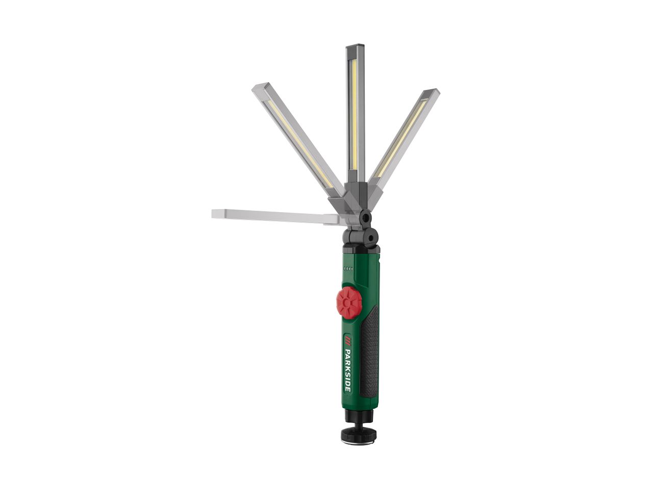 Adjustable LED work light with multiple foldable light panels and a green handle