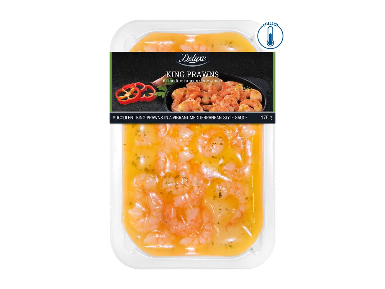 Chilled king prawns in a vibrant Mediterranean-style sauce, 175g.