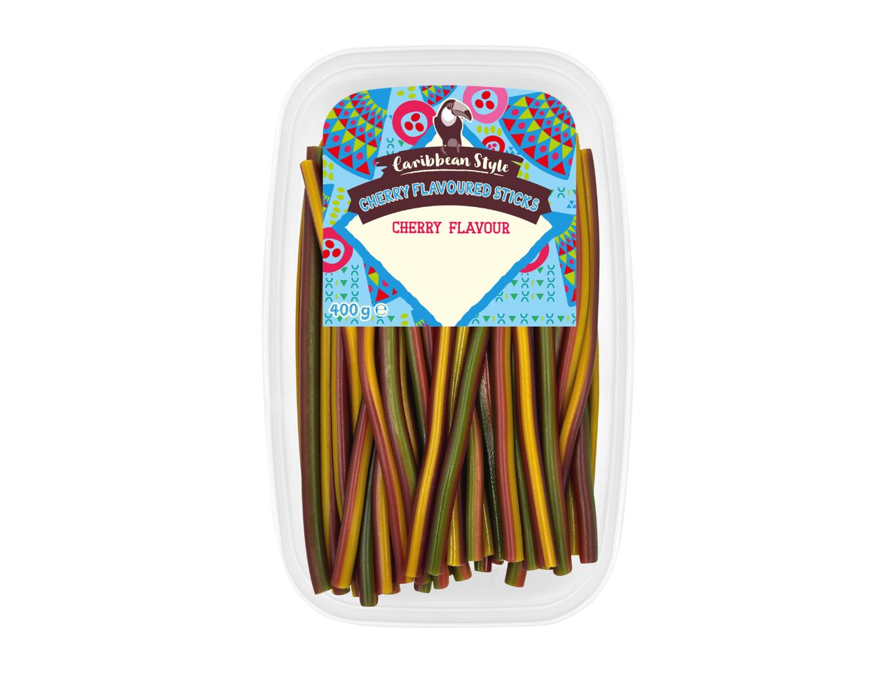 A clear plastic container of cherry-flavored candy sticks in red, green, and yellow.