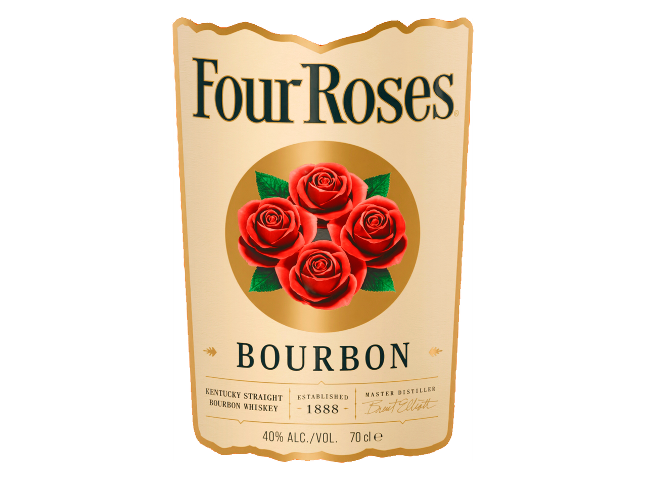Етикет за бърбън уиски с четири червени рози, надпис „BOURBON“ и 40% алкохол.