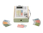 A wooden toy cash register with play money and credit cards.