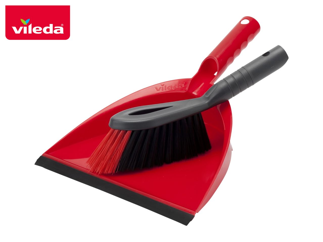Red dustpan and brush set with black bristles, angled for easy sweeping.