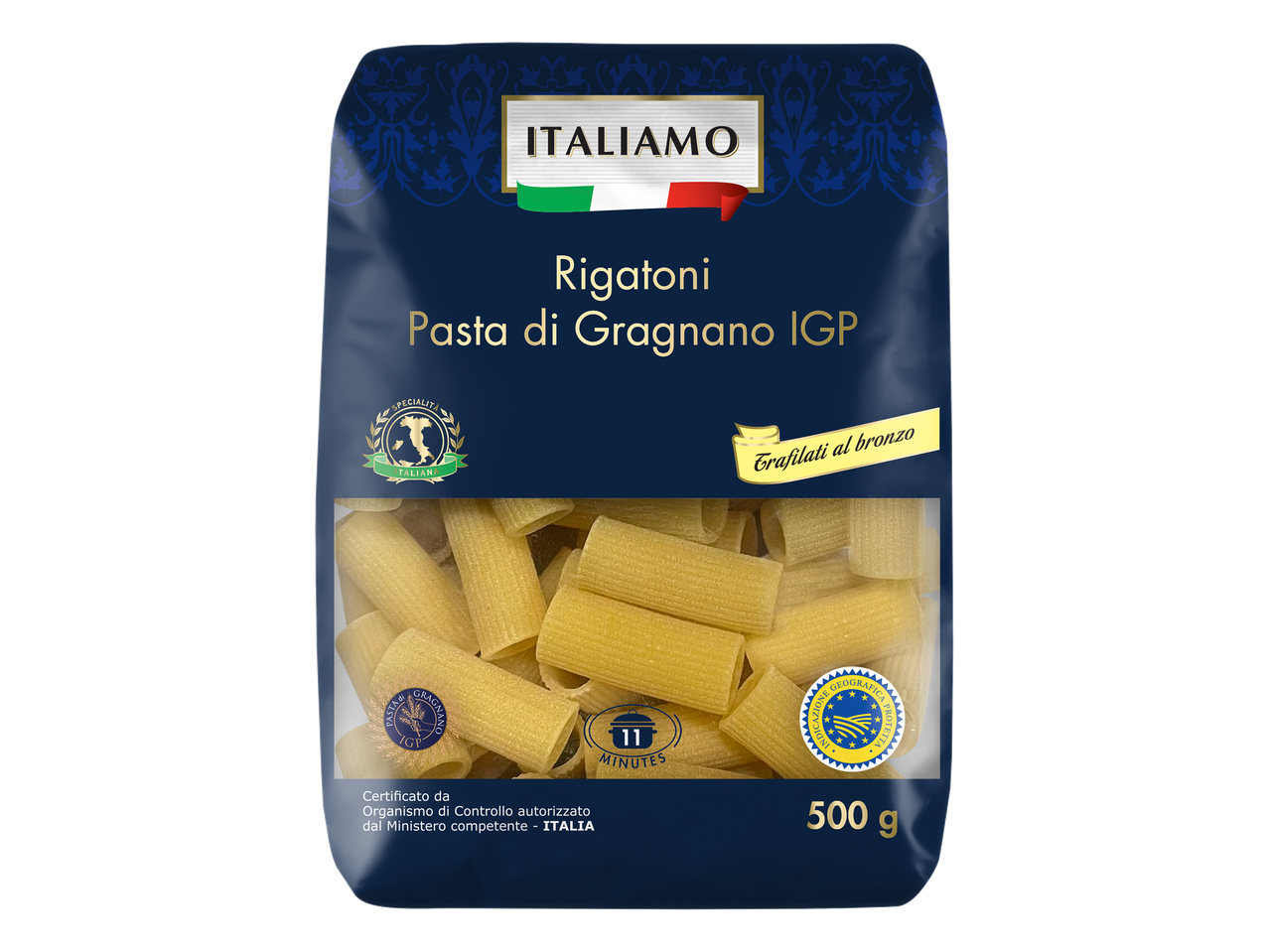 Paquet de rigatoni, pâtes de Gragnano IGP, 500g, avec un temps de cuisson de 11 minutes.