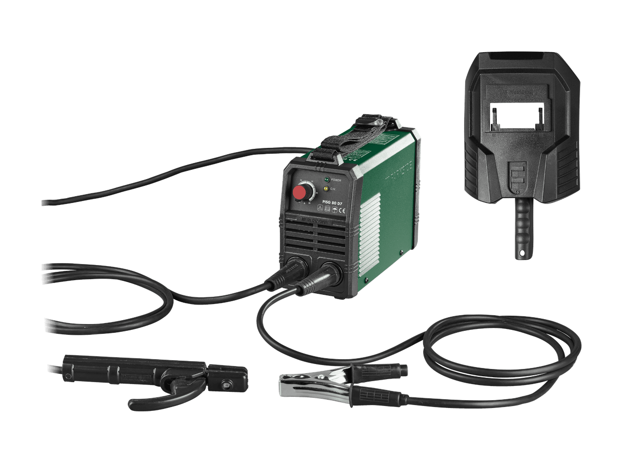 Schweißgerät mit Schweißhelm, Elektrodenhalter und Masseklemme auf schwarzem Hintergrund.