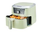 Light green air fryer with a digital display showing 180°C, filled with fries.