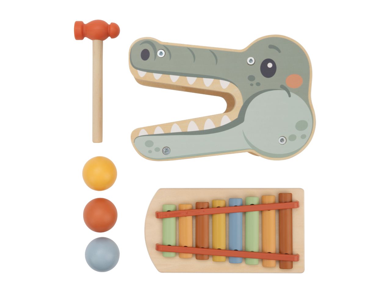 Wooden crocodile-shaped toy with a hammer, three balls, and a xylophone.