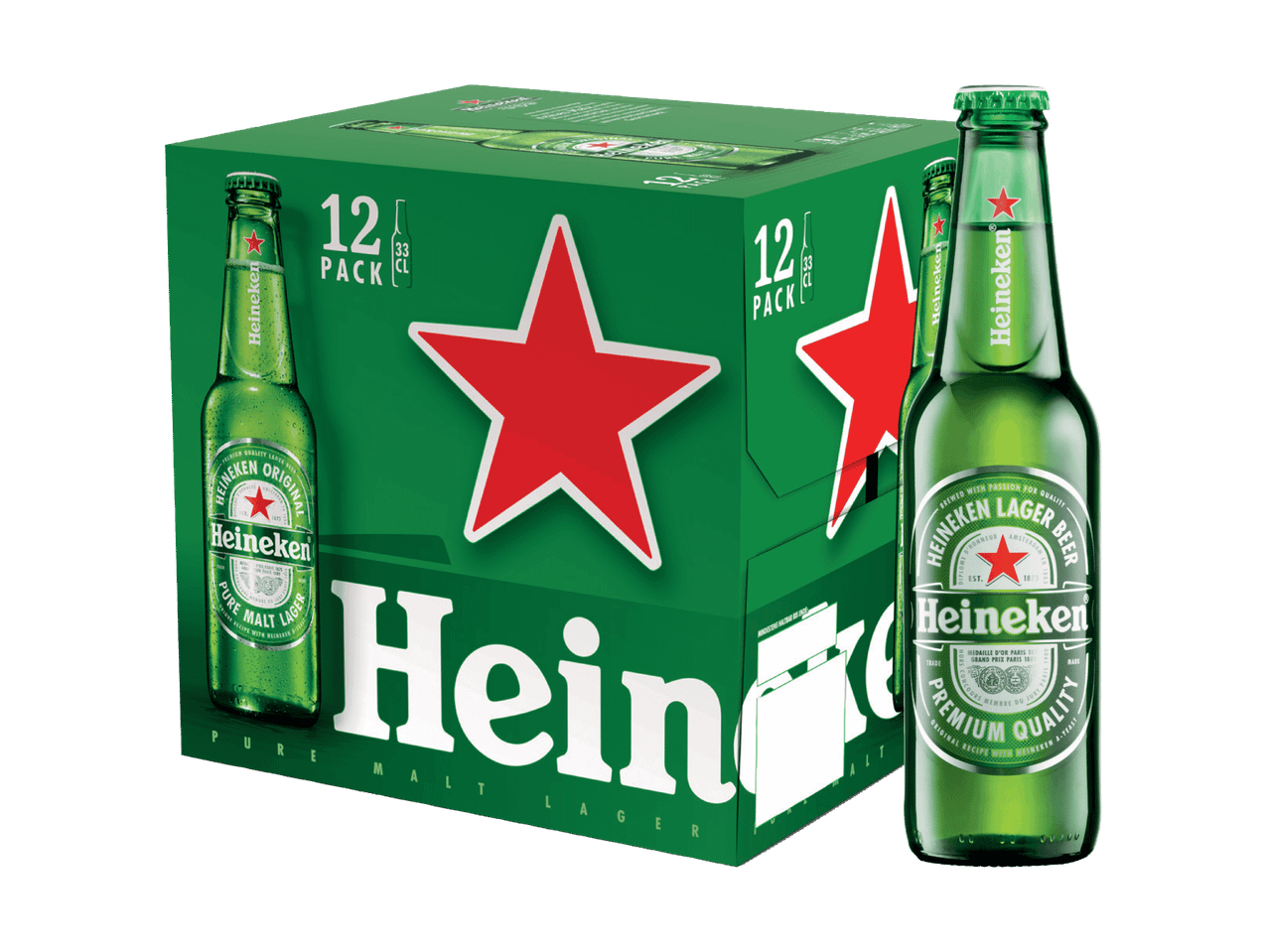 Heineken 12er-Pack Bierflaschen und eine einzelne Flasche.