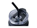 Close-up of a black travel mug with a clear lid and a black straw.