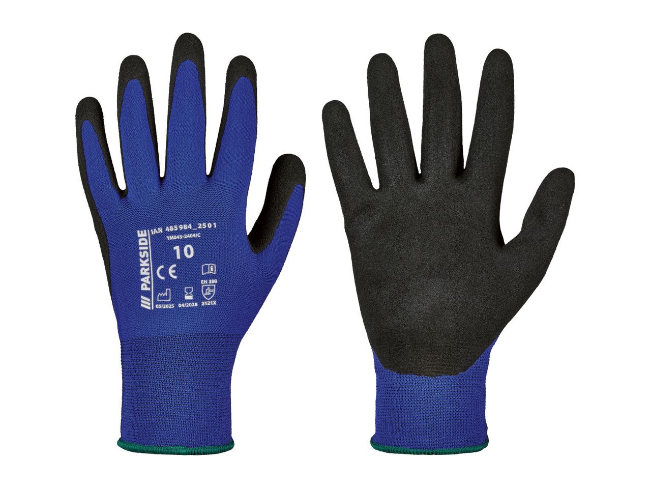 Pair of blue and black work gloves with safety markings, front and back view.