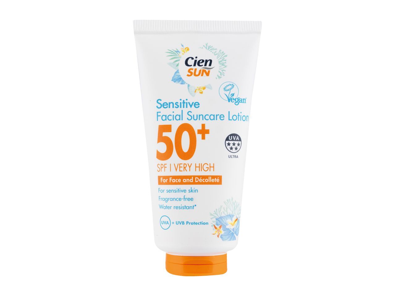 White tube of sensitive facial suncare lotion SPF 50+ with UVA/UVB protection.