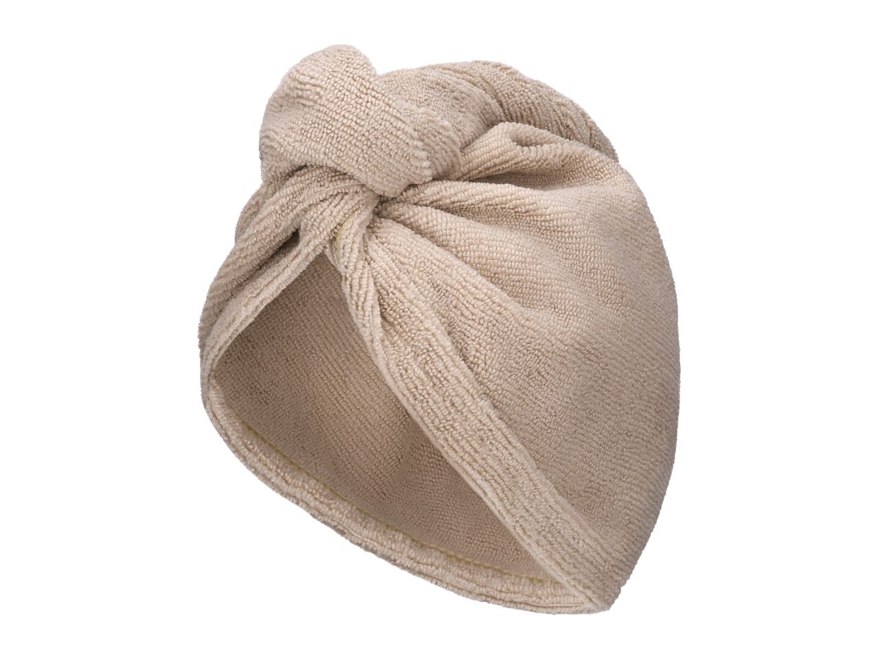Beige microfiber hair towel wrap with a twisted knot design on a white background.