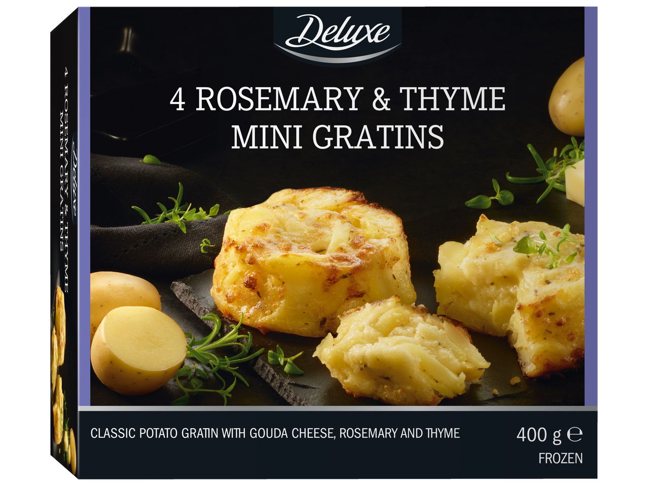Doos met 4 rozemarijn en tijm mini aardappelgratins met Goudse kaas.