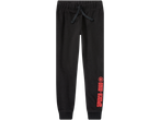 Black Spider-Man sweatpants.