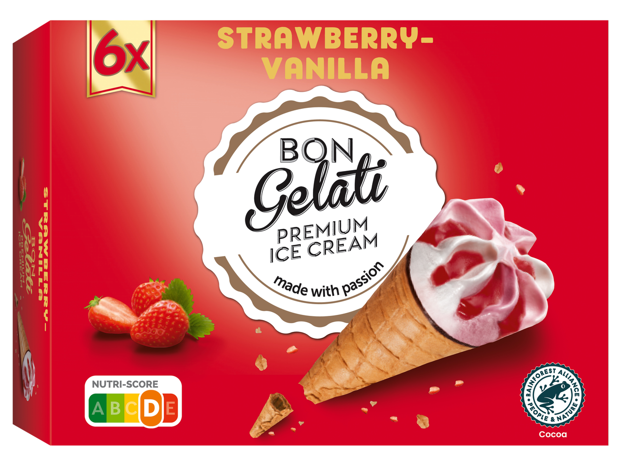 Bon Gelati prémium eper-vanília ízű fagylaltkúp; 6 db-os csomagolás.