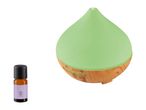 A light green essential oil diffuser and a small bottle of essential oil.