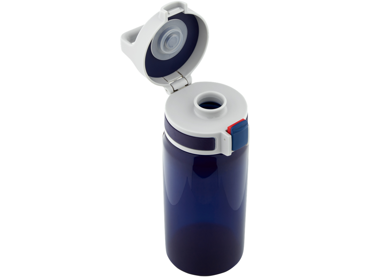 Mėlynas vandens butelis su atviru dangteliu.