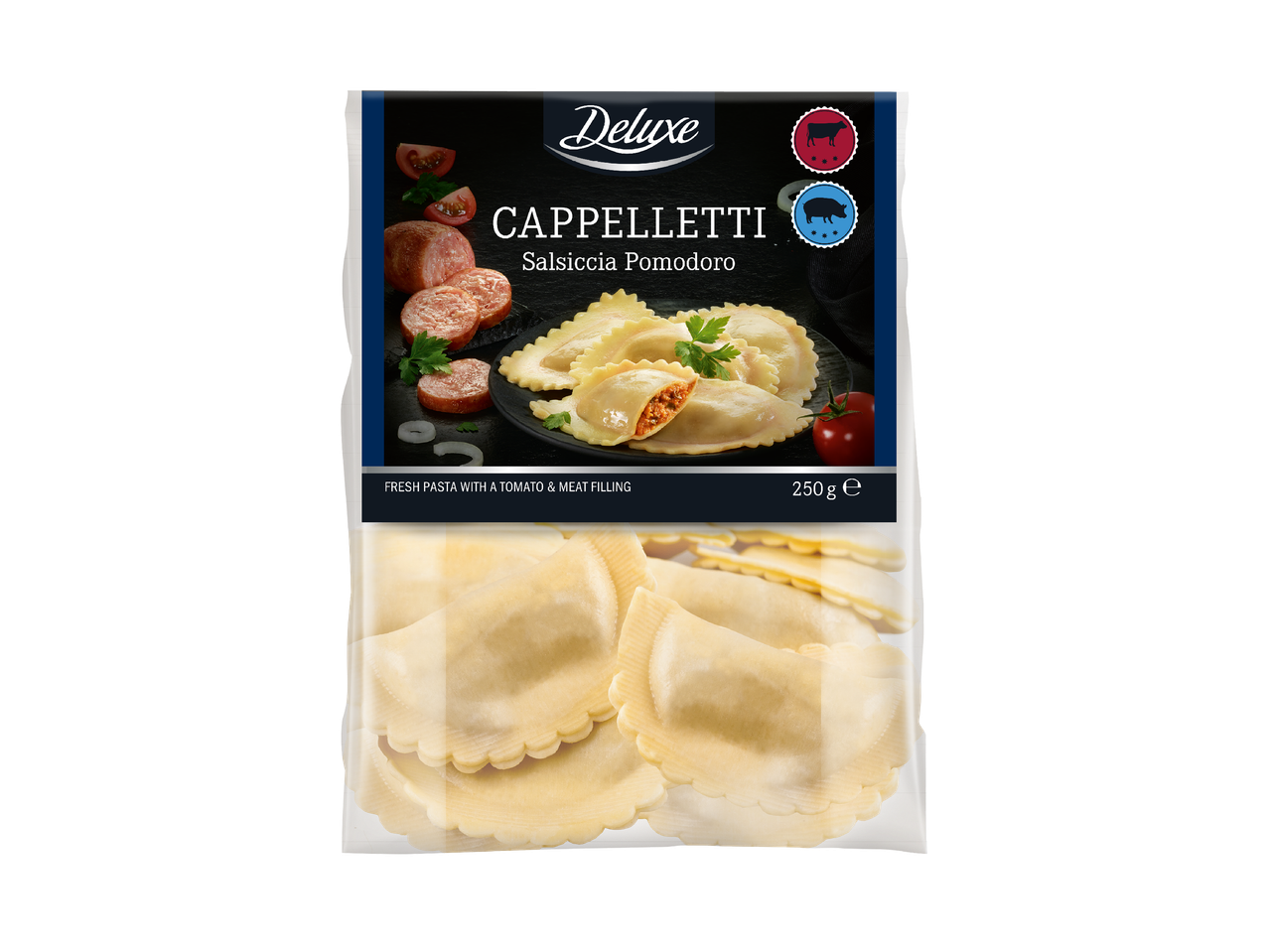 Опаковка капелети с пълнеж от домат и месо, с надпис 'Cappelletti Salsiccia Pomodoro'