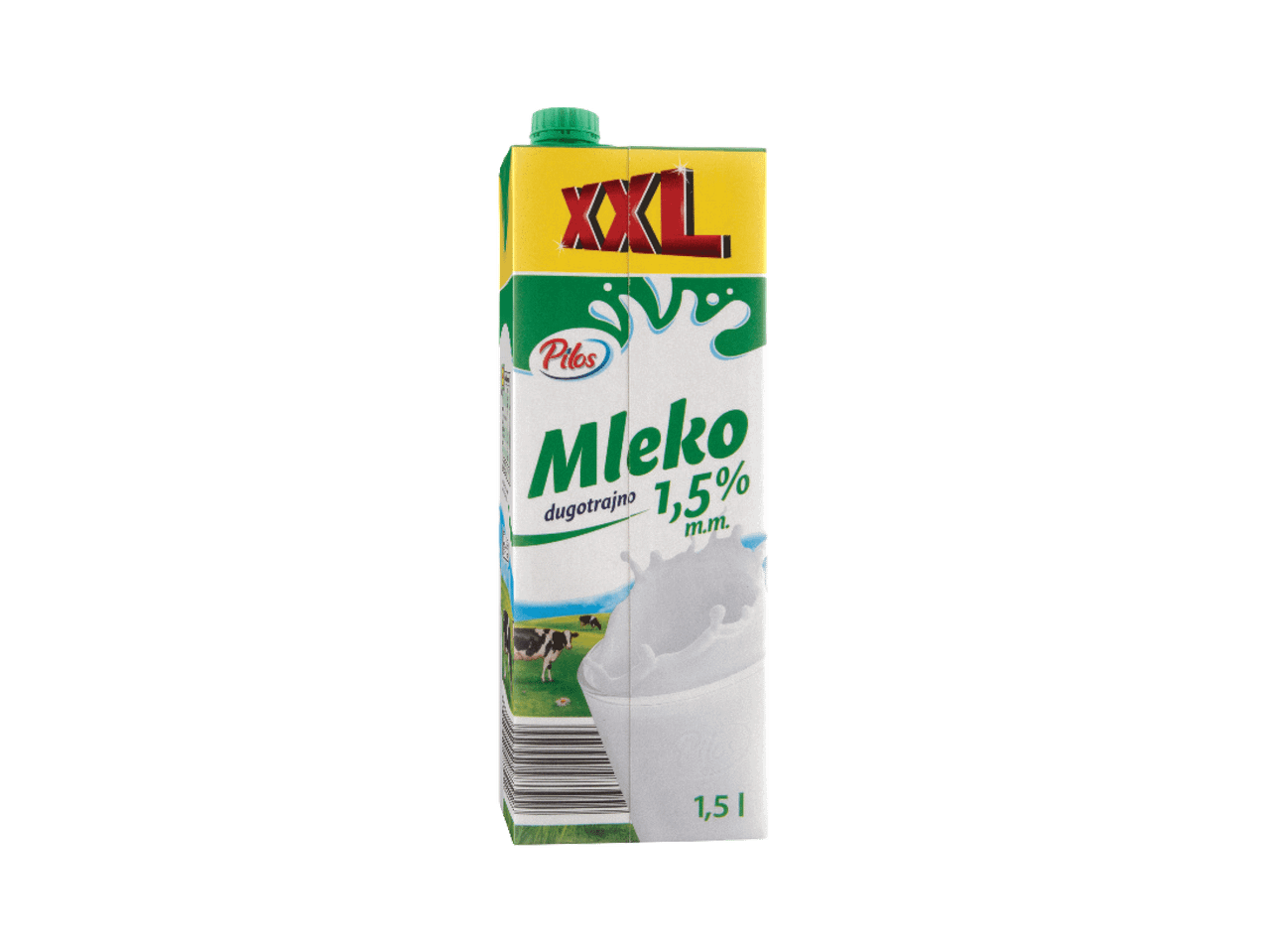 Karton mleka sa natpisom 'XXL' i 'Mleko dugotrajno 1,5% m.m.', sa slikom krava na pašnjaku.