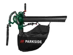 Зелен и черен електрически листосъбирач Parkside с торба за събиране.