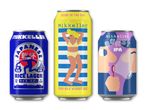 Tre øldåser: en blå rislager, en gul hvedeøl og en lilla IPA.