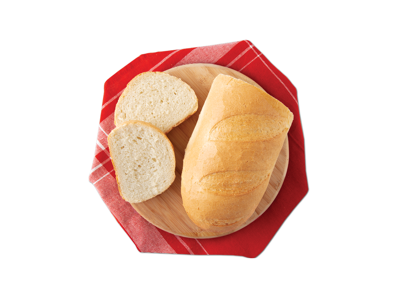 Bijeli kruh i dvije kriške na drvenoj dasci za rezanje s crvenom kariranom krpom.