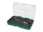 Screwdriver bit set with a variety of bits and a screwdriver handle in a green case.