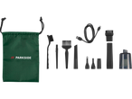Parkside 12V Cordless Mini Blower and Duster with various attachments and a green storage bag.