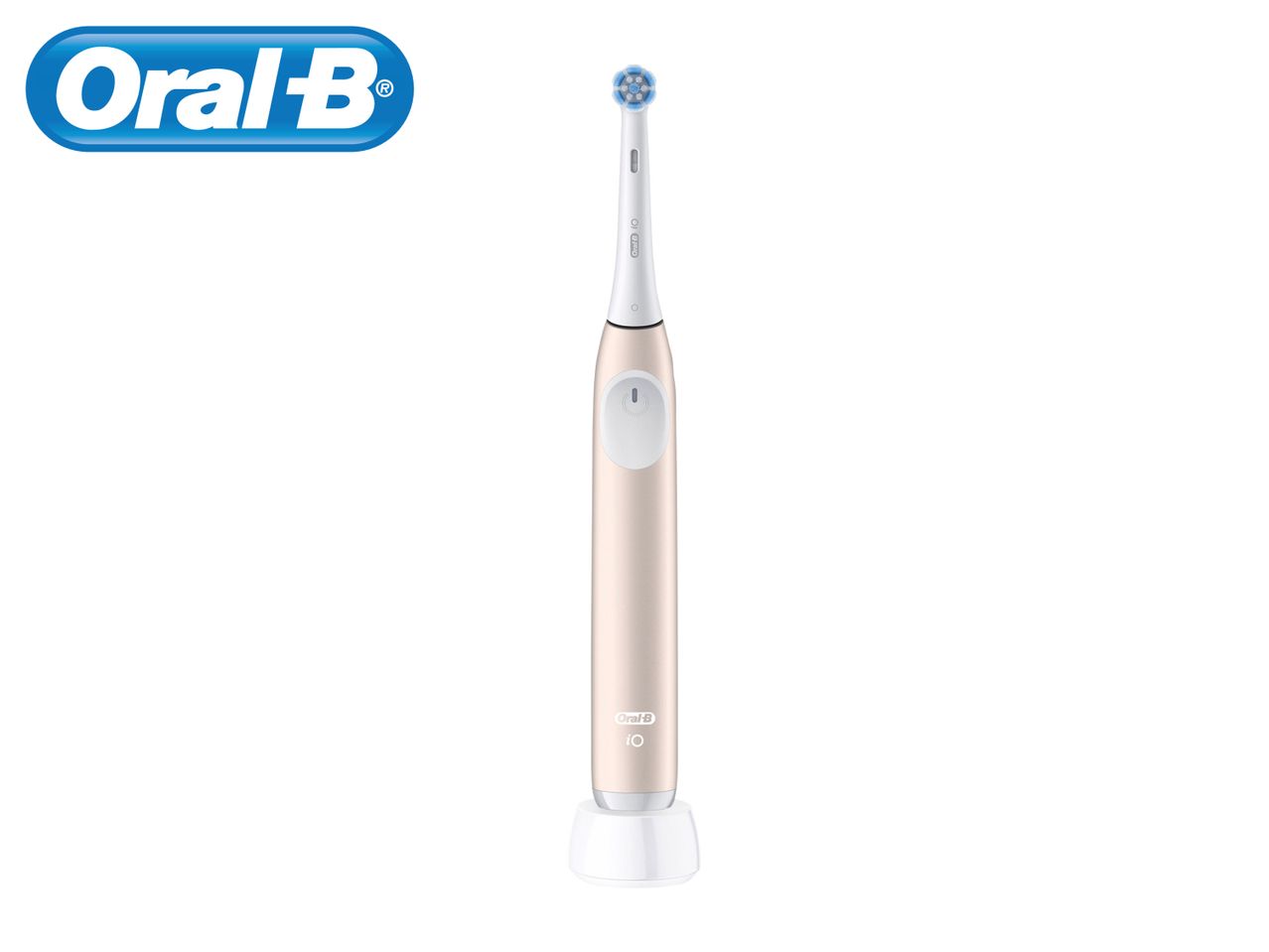 Oral-B electric toothbrush with a rose gold handle.