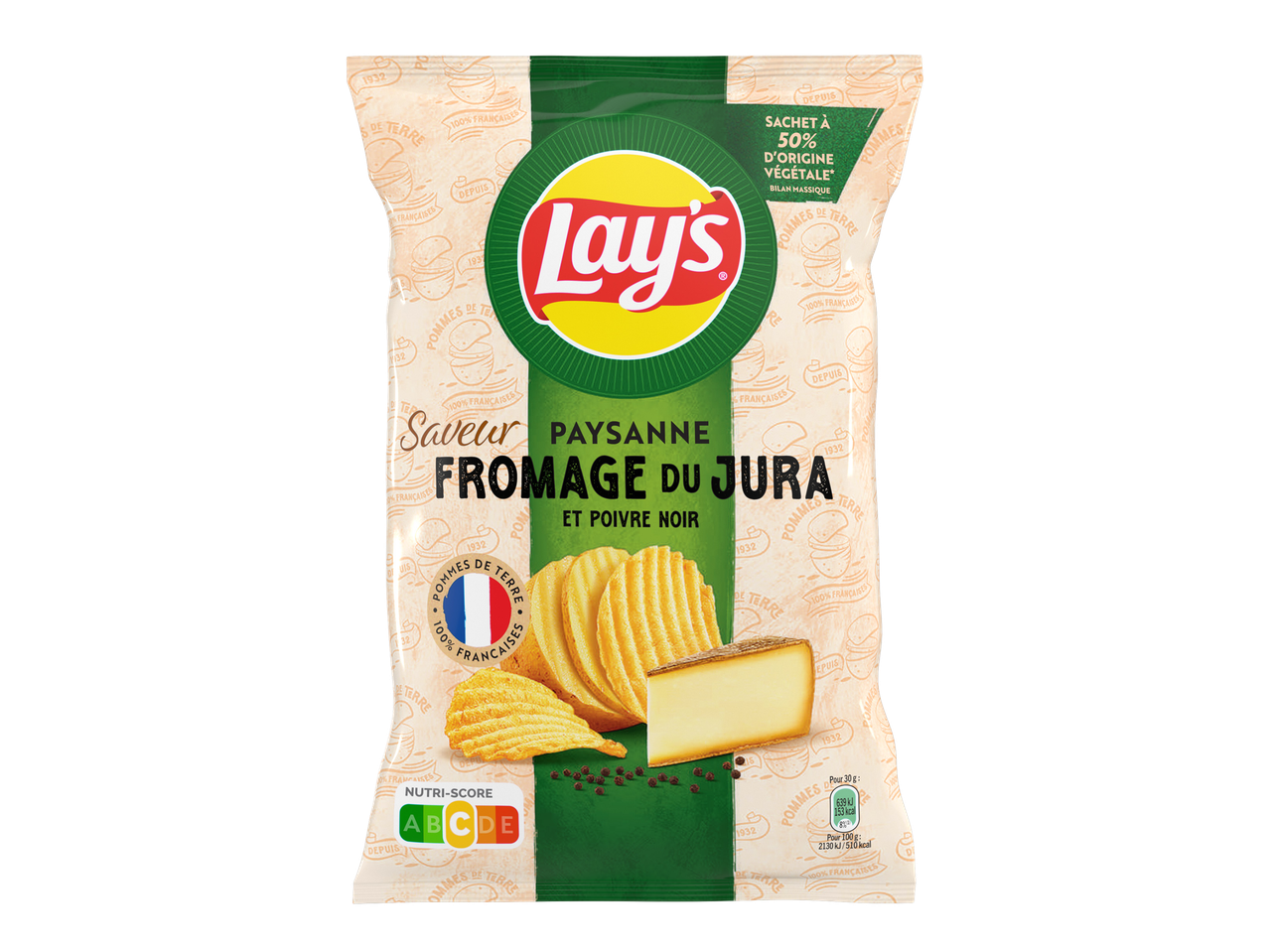 Paquet de chips saveur fromage du Jura et poivre noir, avec Nutri-Score A.