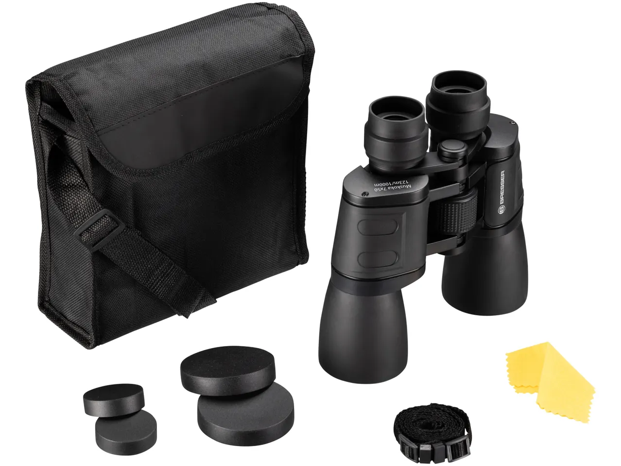 Binocolo nero con custodia e accessori.