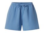 Blue crinkled fabric shorts with an elastic waistband and a decorative tie.