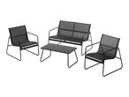 Black metal and mesh outdoor furniture set with a two-seater sofa, two armchairs, and a coffee table.