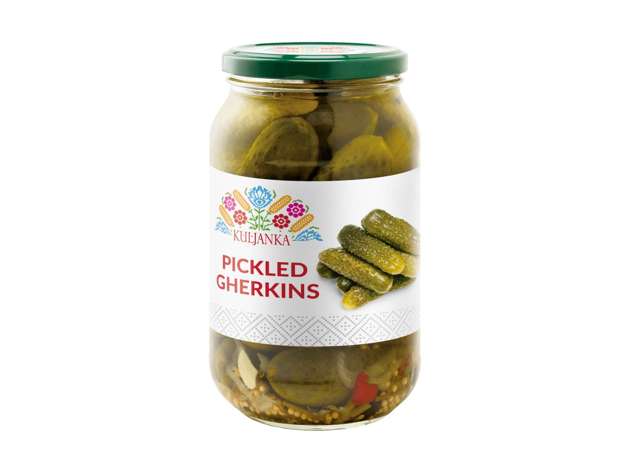 Jar of pickled gherkins with a white label featuring a colorful floral design and the text 'PICKLED GHERKINS'.