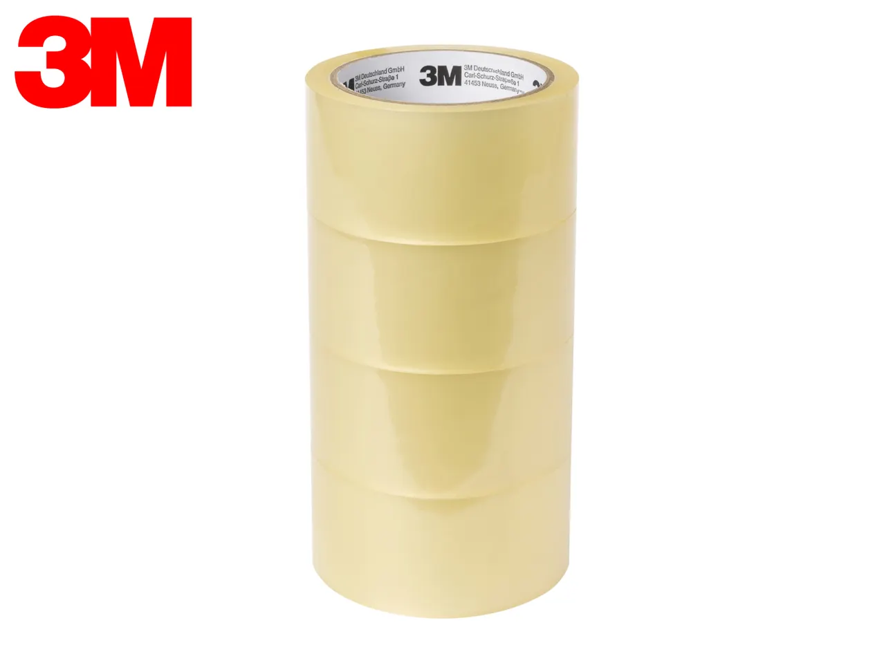 Four rolls of clear packaging tape stacked vertically on a white background.