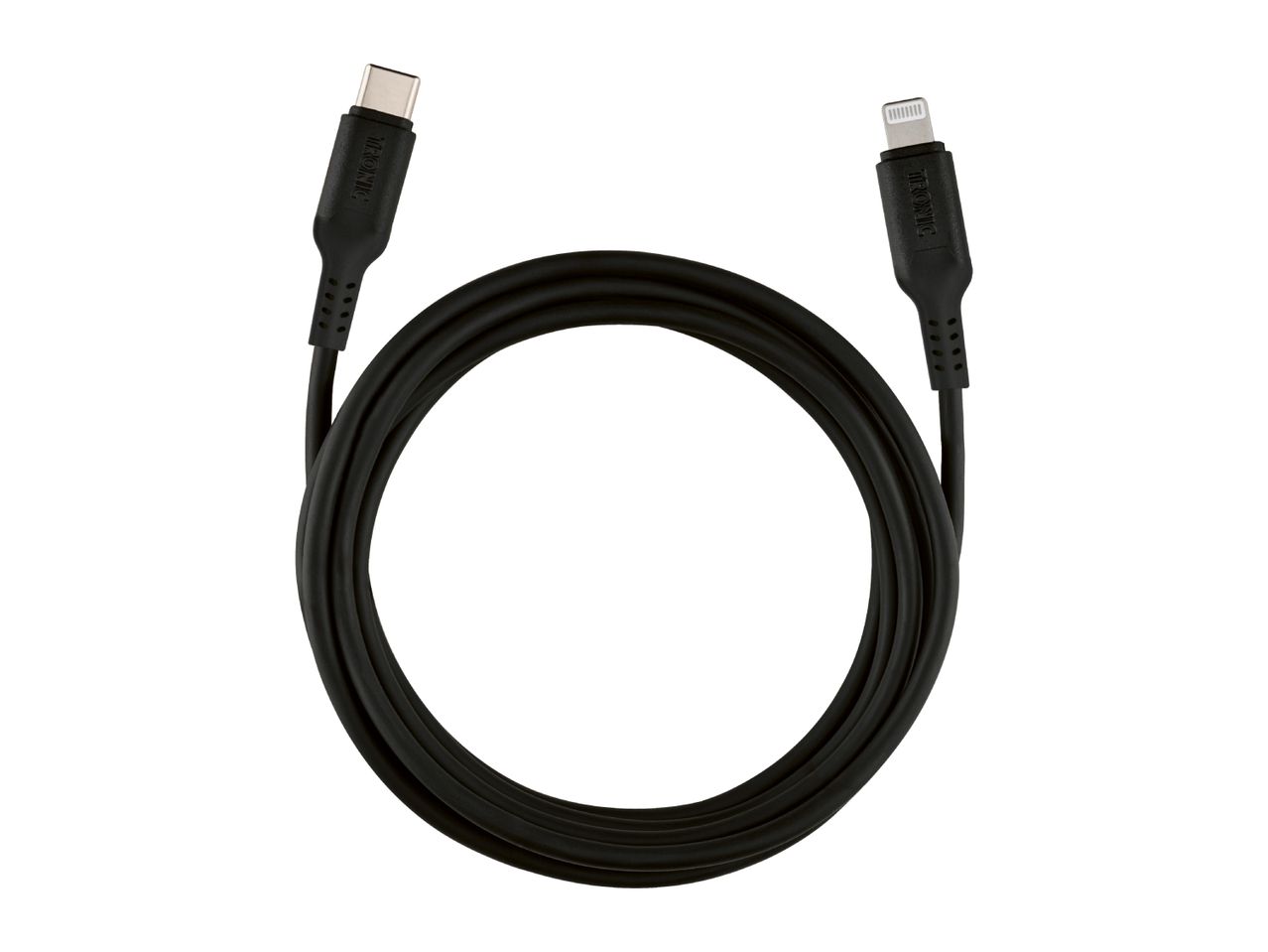 Black USB-C to Lightning cable, coiled in a circle on a white background.