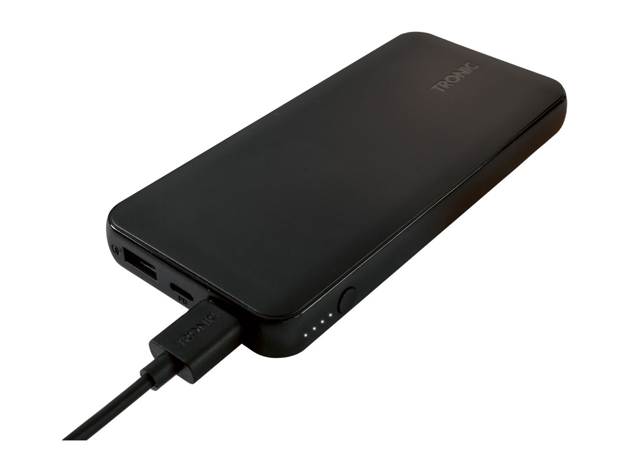 Black power bank with a charging cable plugged into its side, showing LED indicators.