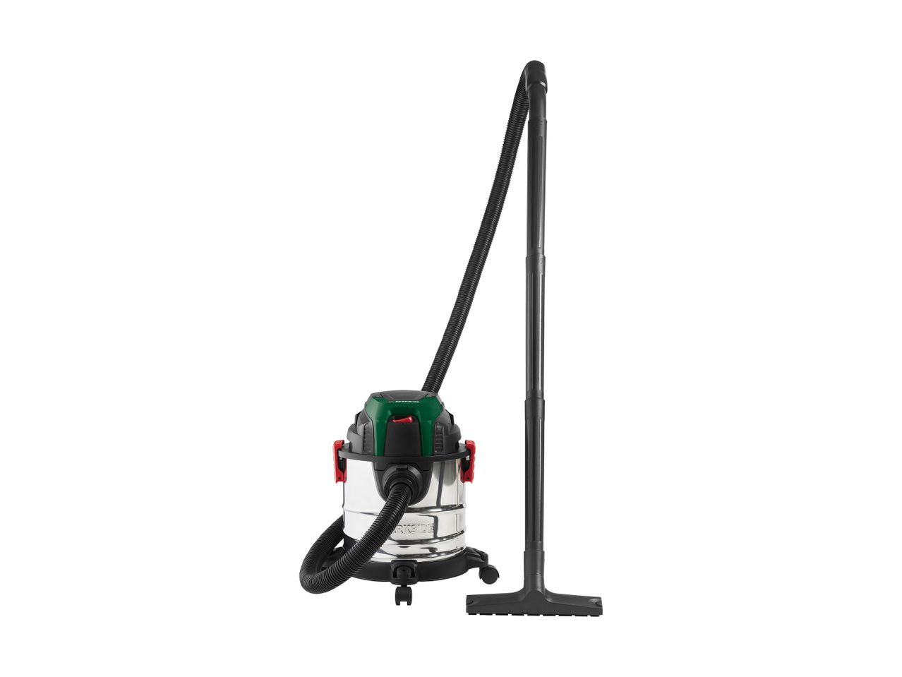 A wet and dry vacuum cleaner with a stainless steel tank and green top.