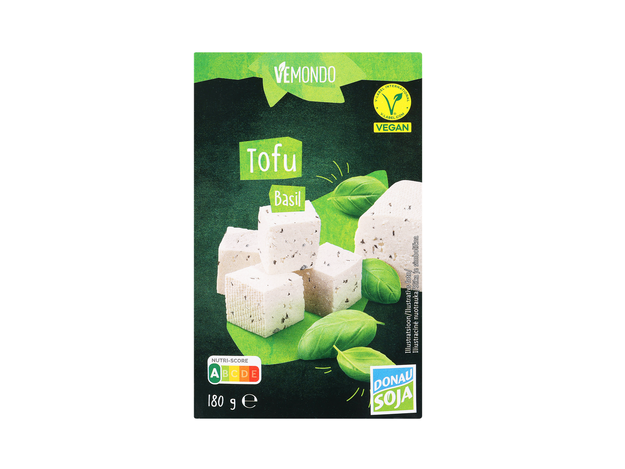 Pakiranje tofuja z baziliko, z oznako Nutri-Score A in veganskim certifikatom.