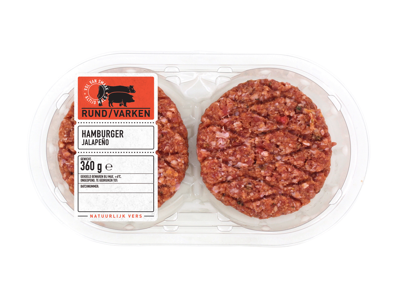 Twee jalapeño hamburgers van rund- en varkensvlees in een verpakking, 360g.