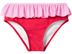 Cuecas de biquíni rosa e vermelhas com folhos para menina.