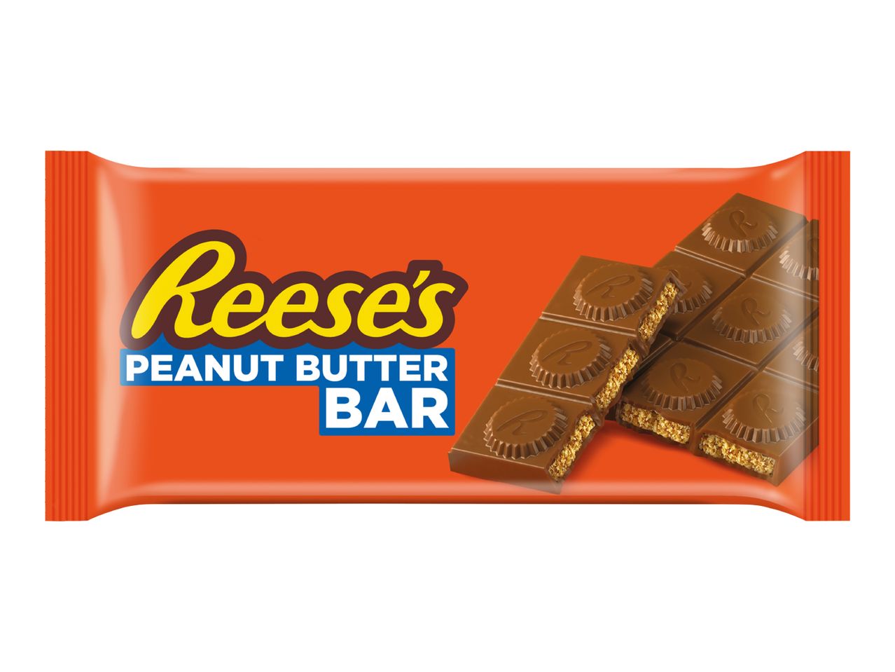 Orange wrapper for a peanut butter chocolate bar, with two bars showing the peanut butter filling.
