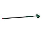 A long-handled garden tool with a green and red grip and a circular head with wire tines.