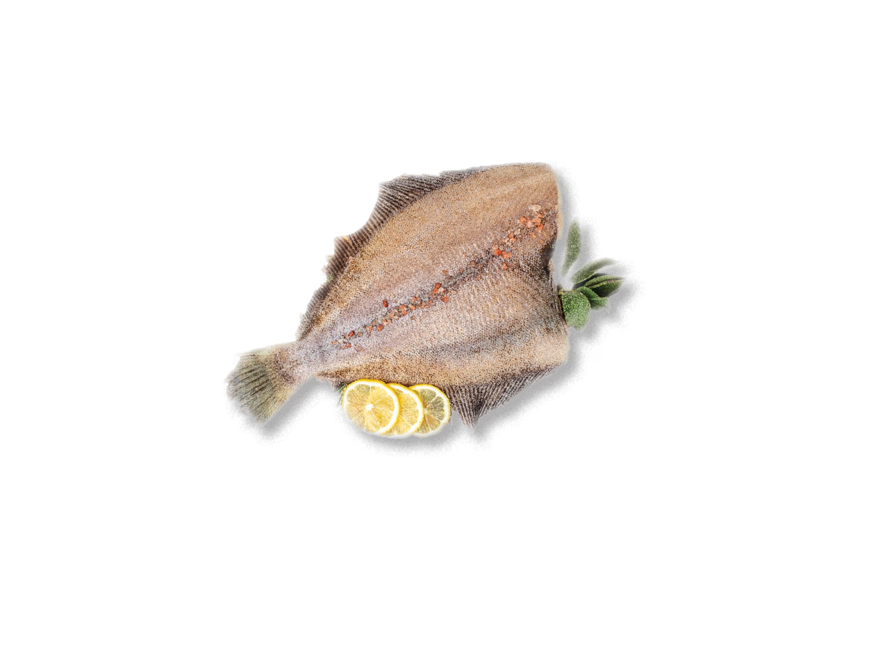 Jēla bute ar citronu šķēlītēm un zaļumiem uz melna fona.