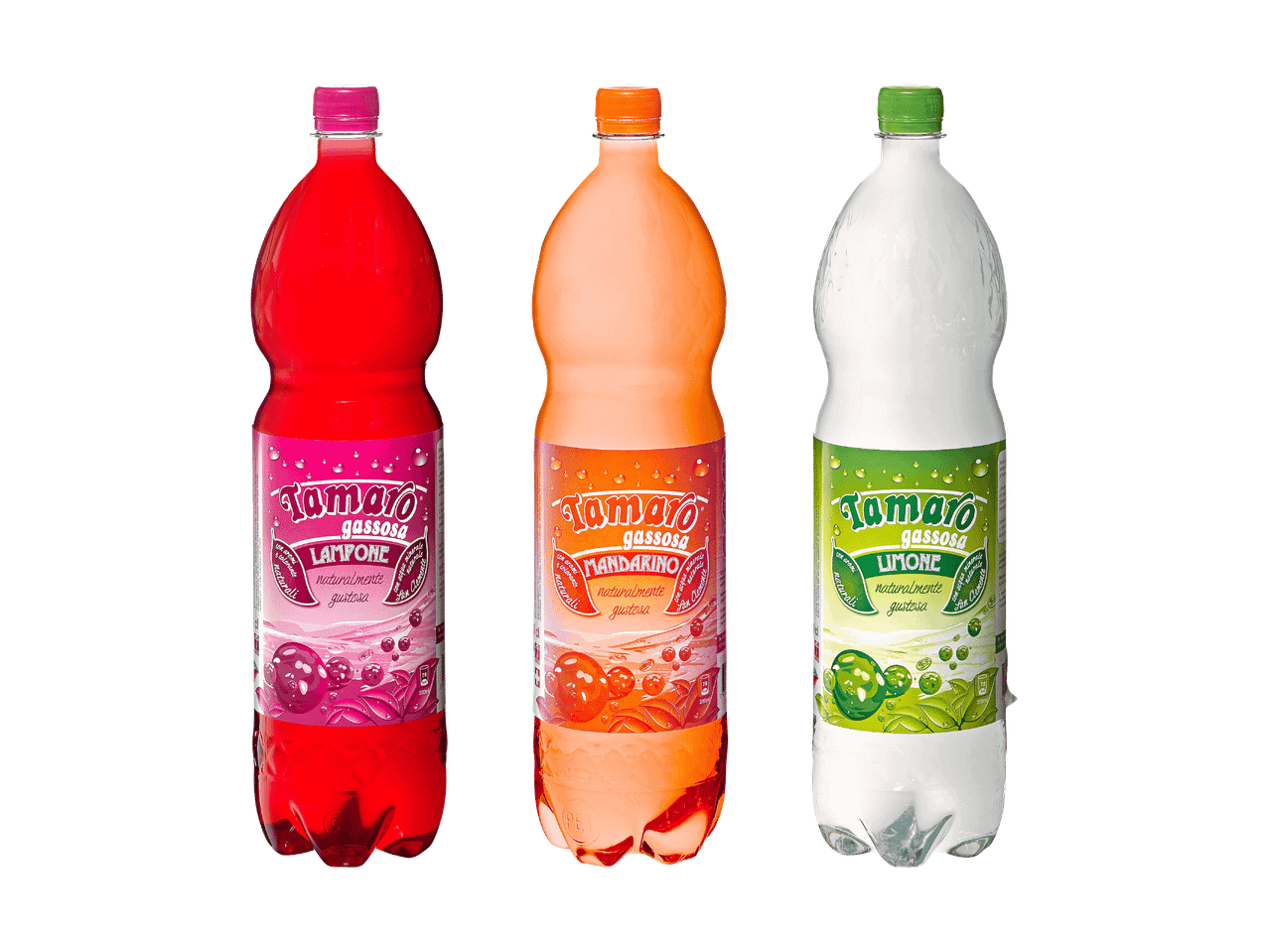 Tre bottiglie di Tamaro Gassosa ai gusti lampone, mandarino e limone.